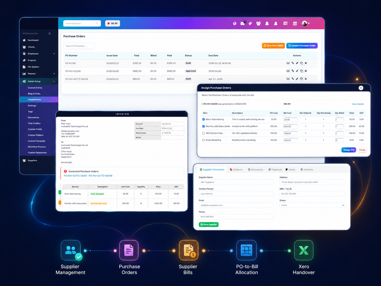 InterWebflow supplier records, purchase orders and supplier invoice allocation